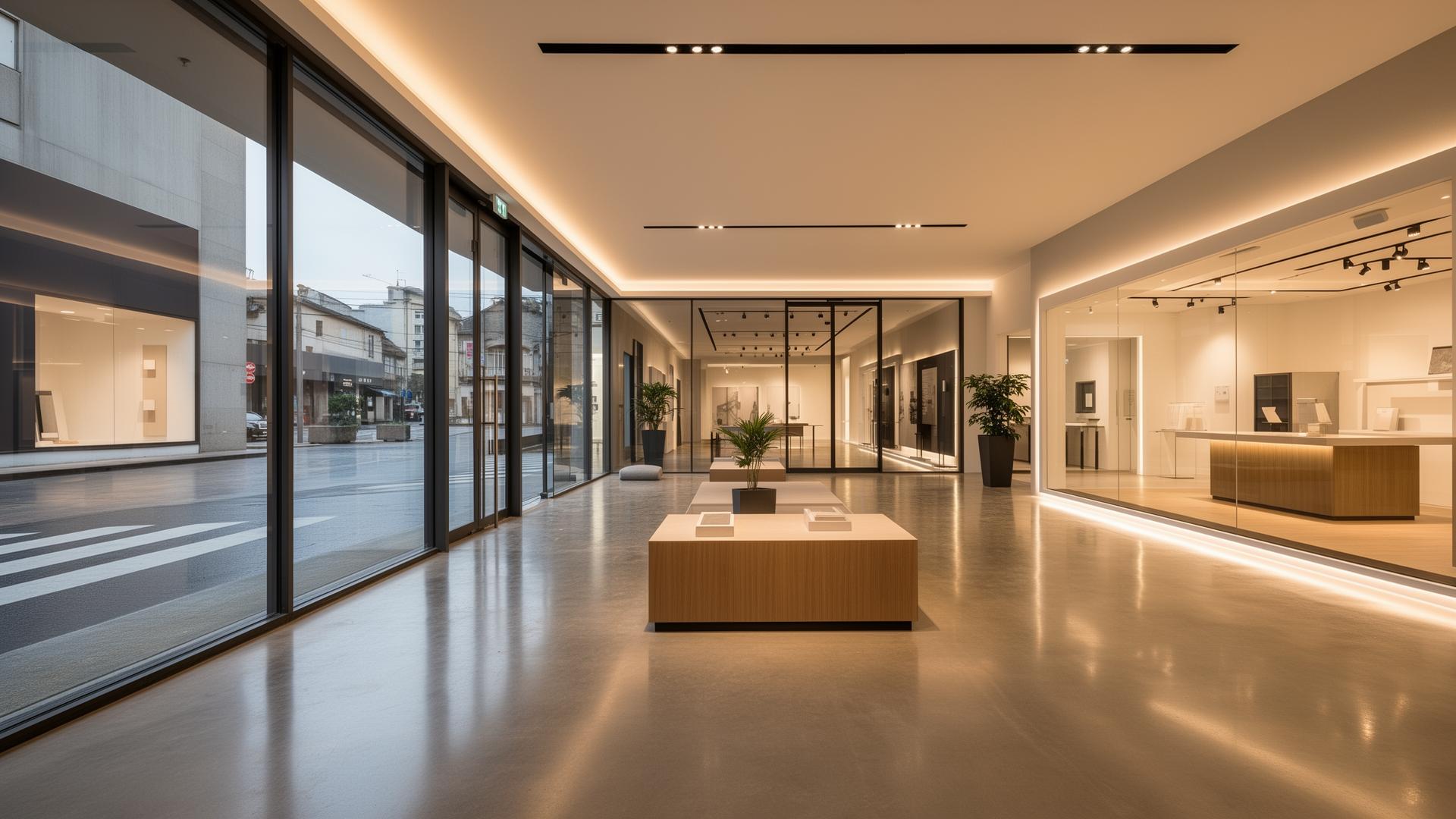 Modern commercial showroom interior with polished concrete floor heated by underfloor heating, BHL commercial UFH installation